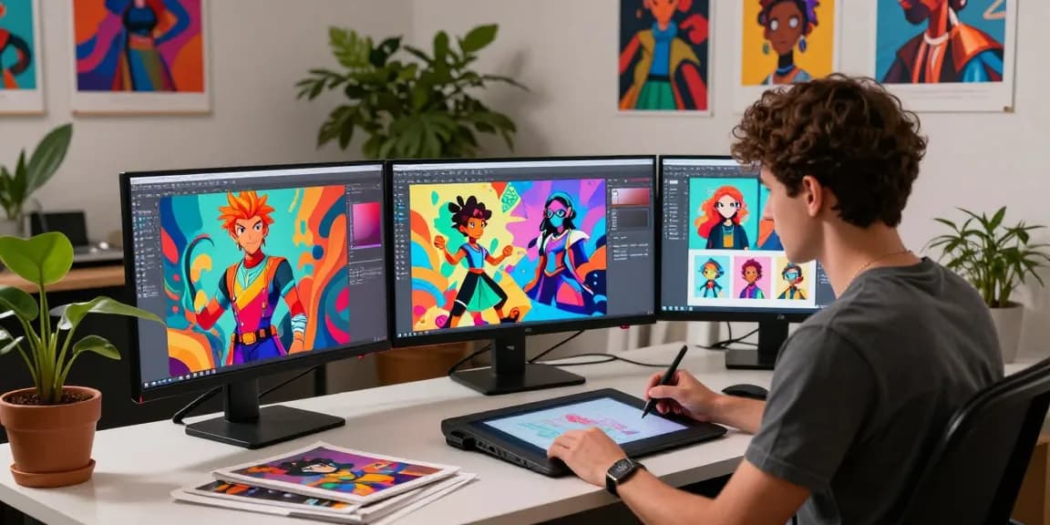 Artist creating captivating NSFW AI art in a vibrant digital studio setting with colorful graphics.