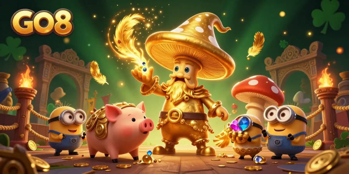 Experience the magic of GO8 with a golden mushroom wizard transforming treasure in a vibrant casino scene.