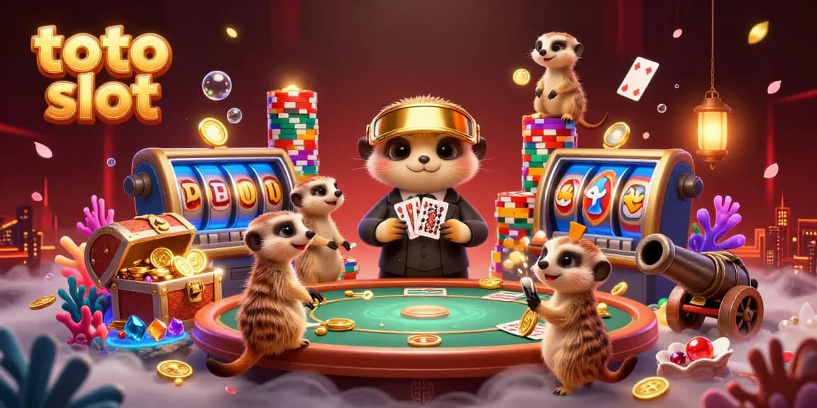 A vibrant 3D illustration of a meerkat-led casino scene featuring the toto slot with animated characters managing chip towers and spinning reels.