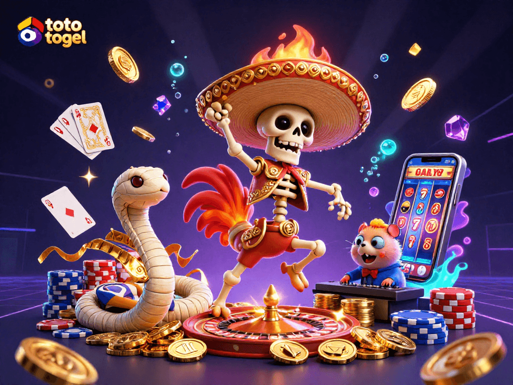 Experience exciting toto togel action with a vibrant illustration showcasing a jubilant mariachi rooster amidst dazzling casino elements.