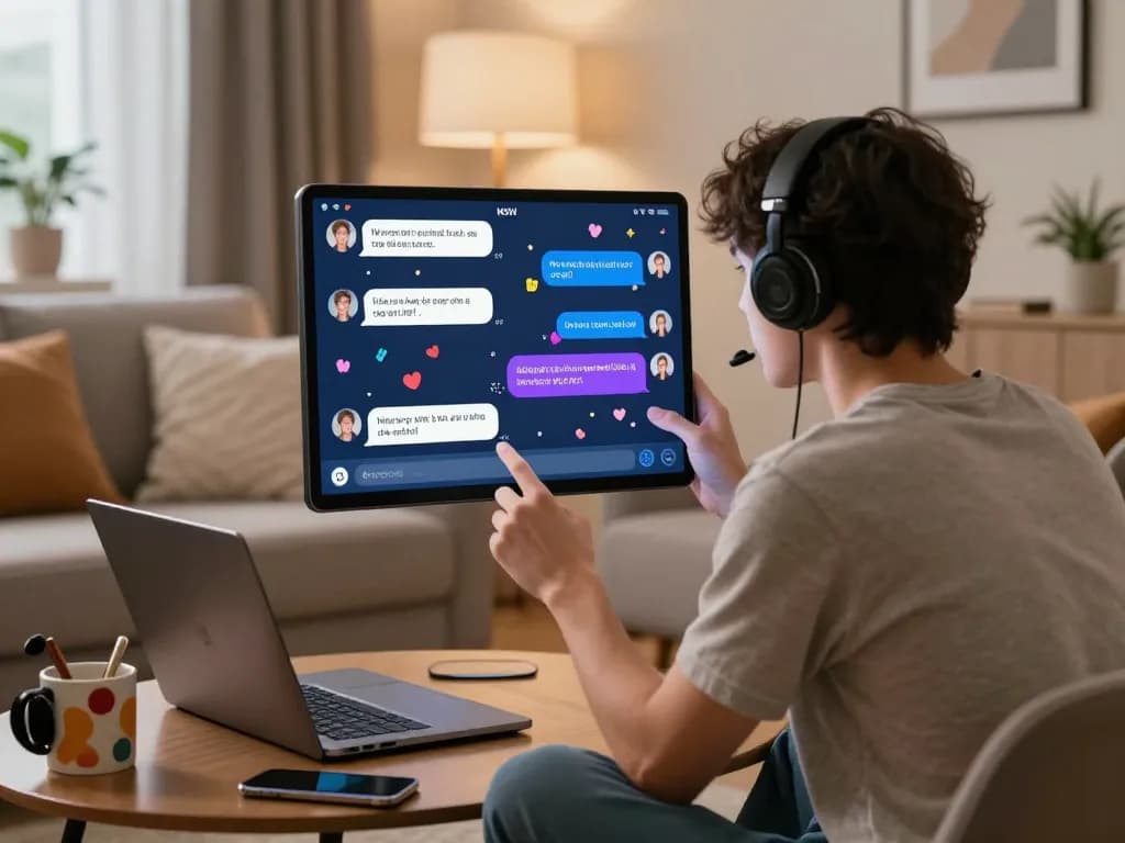 Interactive nsfw ai chat experience in a cozy living room with digital screens