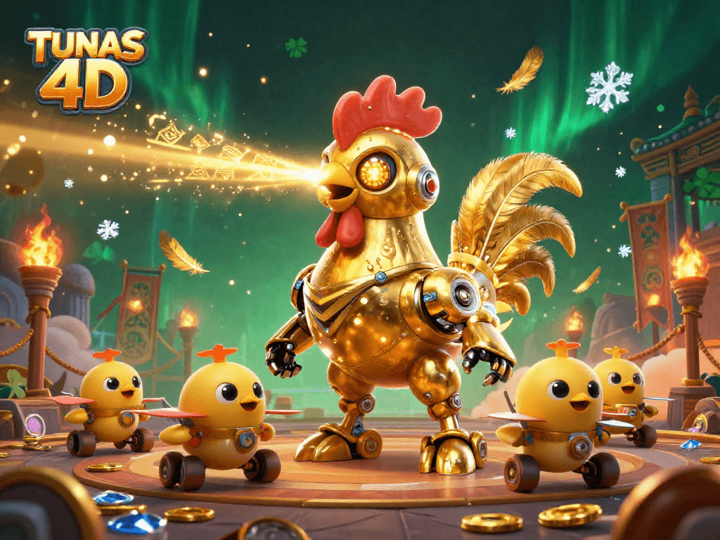 Engage in exciting gameplay at TUNAS 4D with golden rooster robot and baby chick drones.