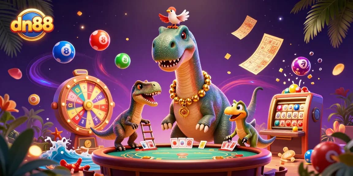 Engage with dn88's vibrant gaming atmosphere featuring a towering dinosaur dealer amidst thrilling casino elements.