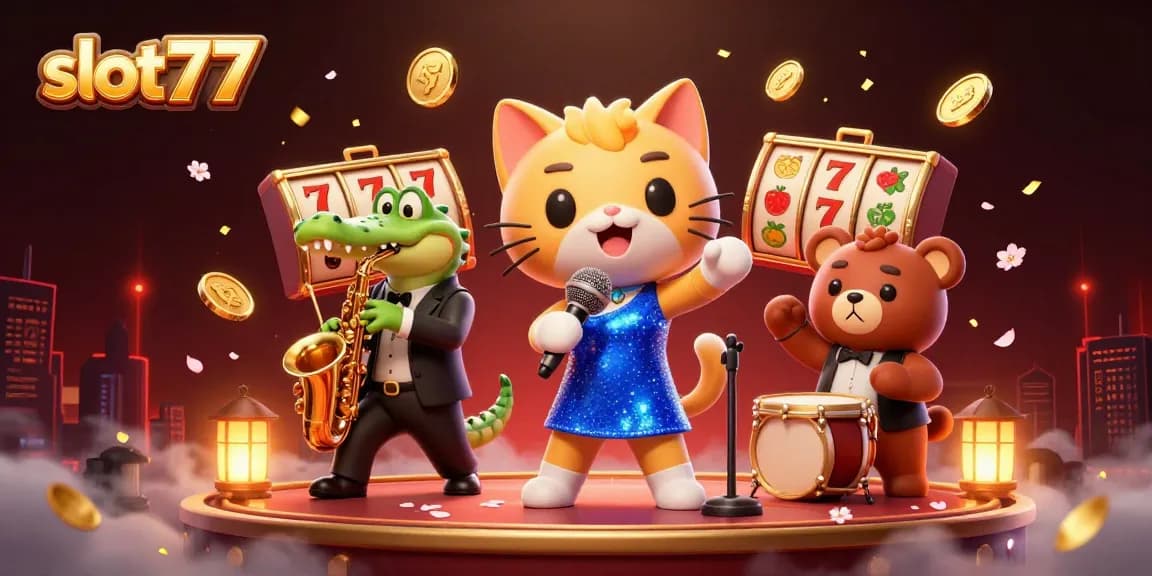 Slot77 dengan penyanyi kucing jazzy dan elemen permainan yang menawan di kasino.