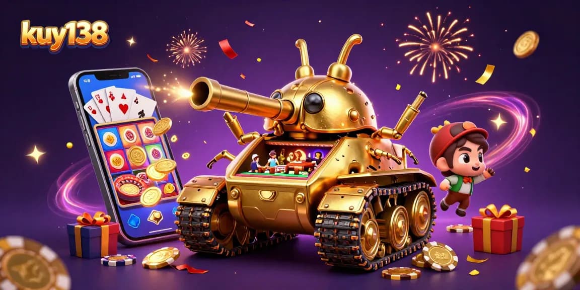 Kuy138 menampilkan kasino miniatur yang mengesankan dalam tank keledai emas dengan hiasan koin dan confetti.