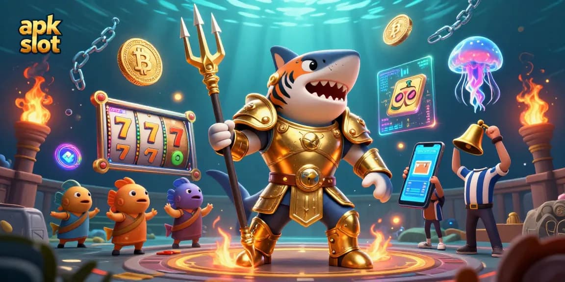 Engage with exciting apk slot adventures featuring an underwater scene with a golden gladiator tiger shark.