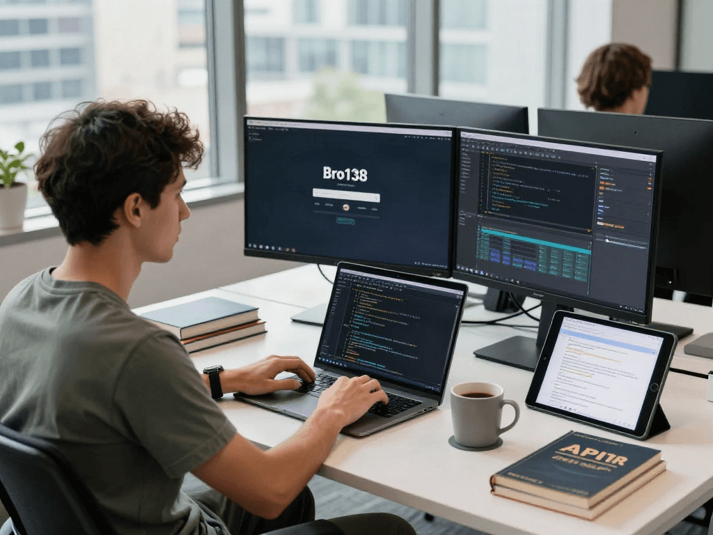 Focused developer working on bro138 login interface in a modern tech workspace