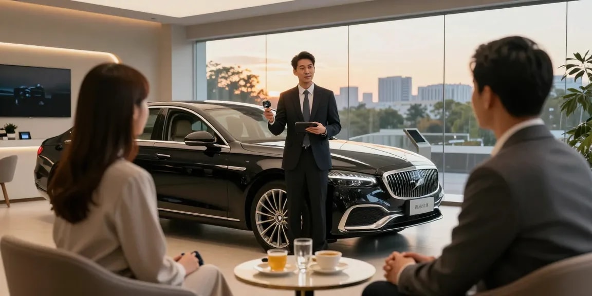 Menampilkan LUXURY 777, mobil mewah di showroom dengan detail elegan dan penjual yang profesional.