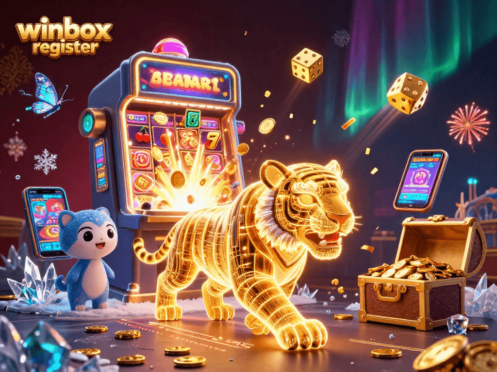 Winbox register a vibrant scene with a golden tiger and 3D slot machine celebrating casino wins.