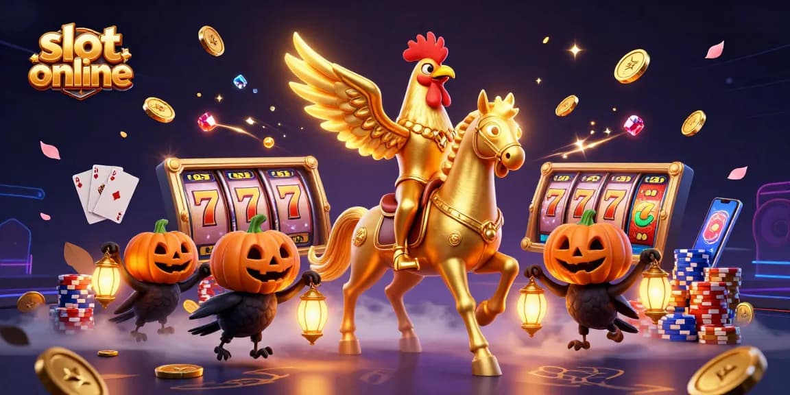 Spin the reels with slot online in this vibrant 3D casino illustration featuring a golden rooster.