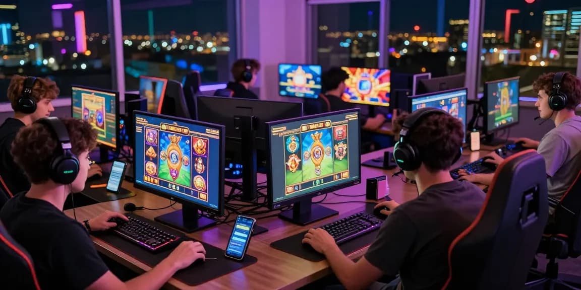 Engaged players enjoying an online slot game with vibrant graphics and gaming gear.