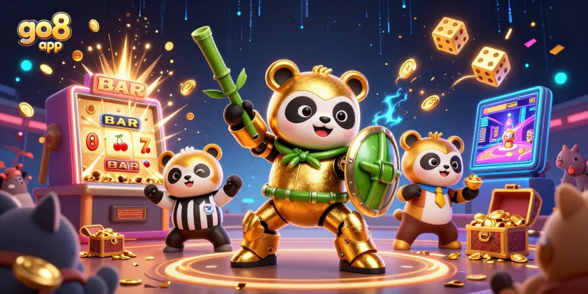 Win big using the go8 app with a vibrant 3D casino scene featuring golden panda action!