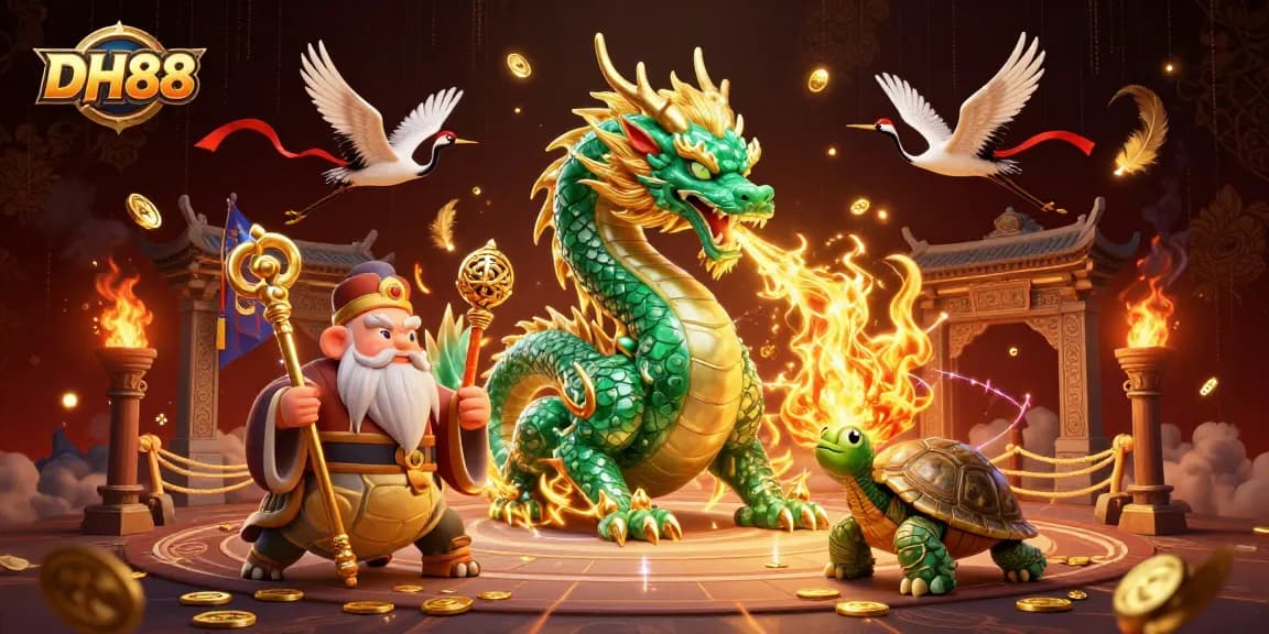 Engage with DH88's thrilling casino adventure, featuring mythical dragon and turtle sage.