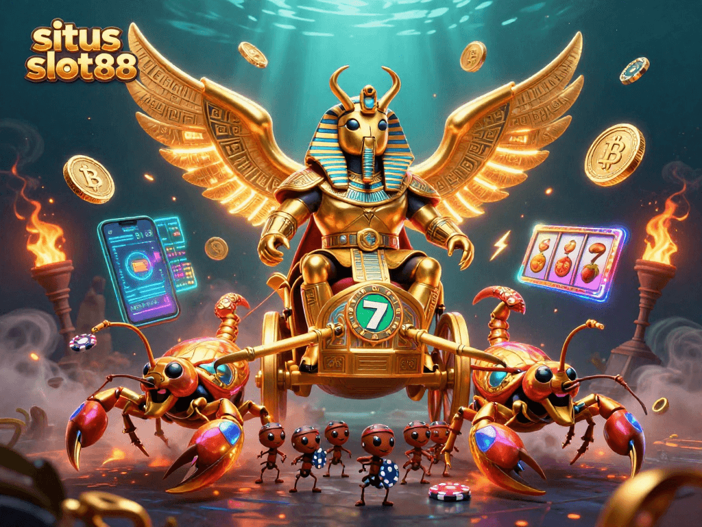 Join the fun on situs slot88 with a vibrant illustration of a golden scarab beetle chariot and crypto elements.