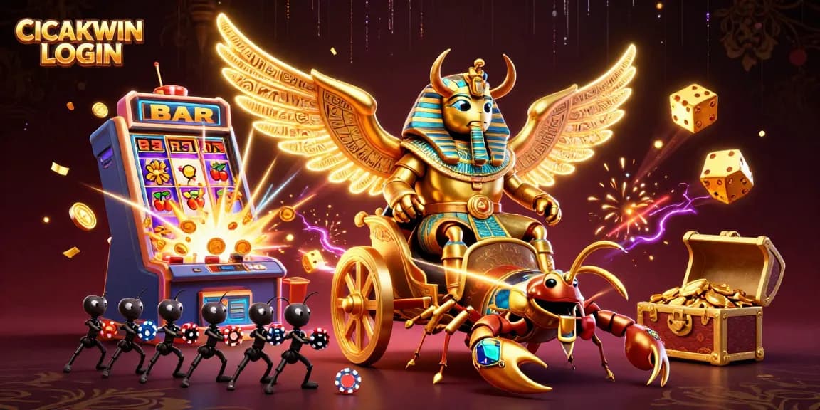 CICAKWIN LOGIN to a vibrant gambling scene showcasing golden beetles and exciting casino elements.
