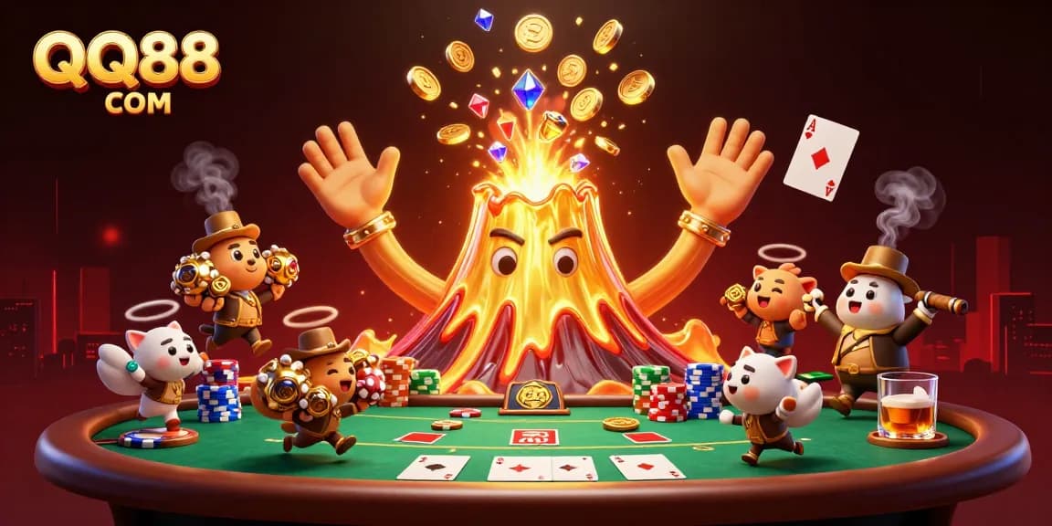 Experience the excitement of QQ88 COM with a golden volcano erupting coins, treasure, and vibrant casino elements.