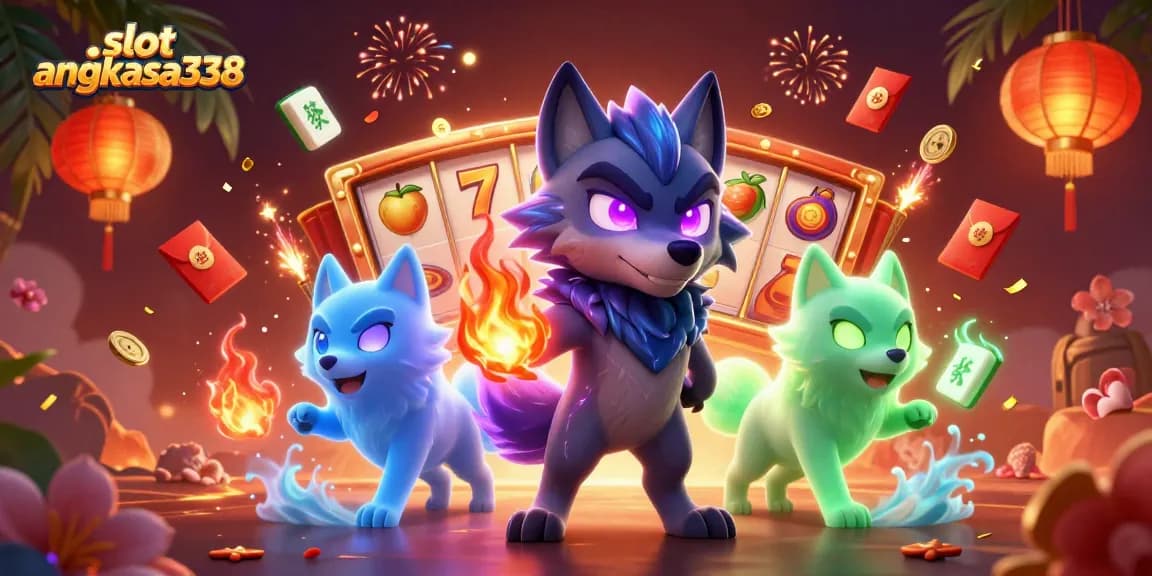 Experience thrilling action with slot angkasa338 as mysterious wolves and vibrant casino elements blend in a dynamic scene.