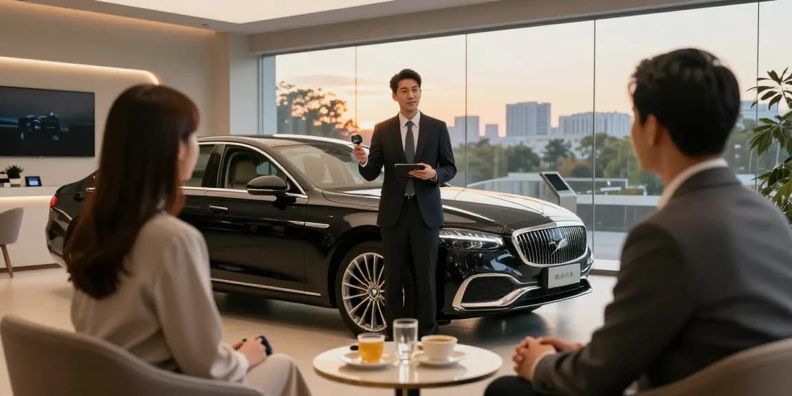 Menampilkan LUXURY 777, mobil mewah di showroom dengan detail elegan dan penjual yang profesional.