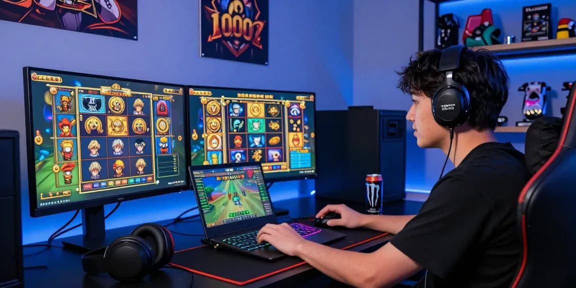 Player enjoying a thrilling slot game experience on dual monitors at a modern gaming setup.
