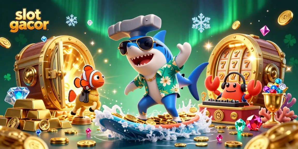 Win big with slot gacor as a shark surfs on gold coins with a clownfish and crab DJ.