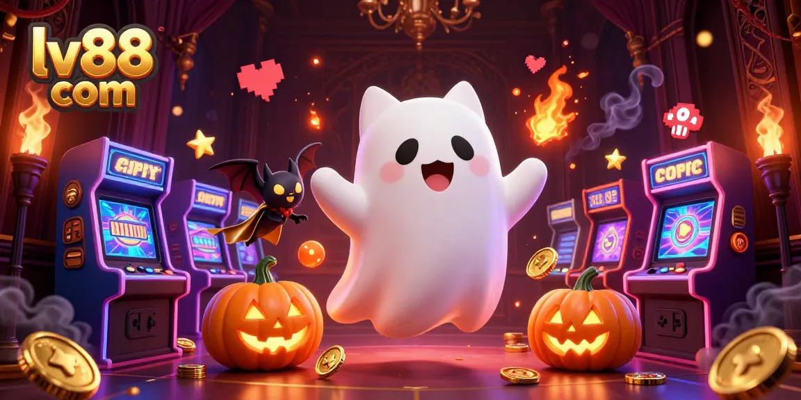 Engage in thrilling gaming at lv88 com, featuring a ghost cat and bat in a vibrant casino atmosphere.