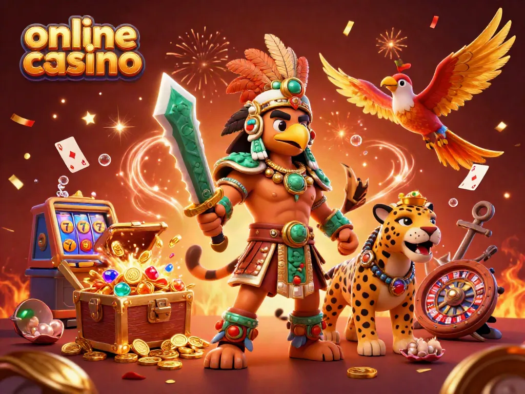 Experience thrilling online casino adventures with an Aztec warrior, jaguar, and dynamic game elements.