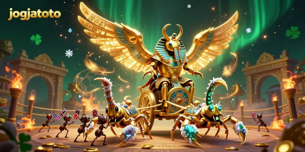 Engage in exciting gambling action with jogjatoto featuring a scarab beetle in pharaoh armor and golden tokens.