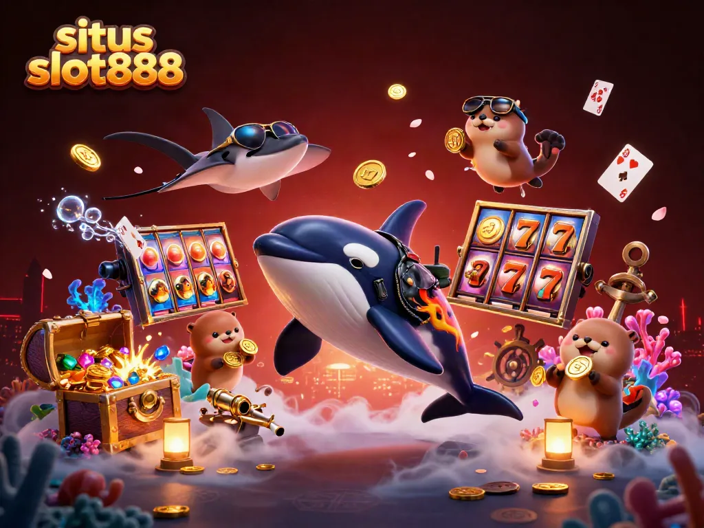 Situs slot888 menawarkan suasana kasino dengan ikan paus kartun dan sekumpulan ikan salmon berwarna berkilau.