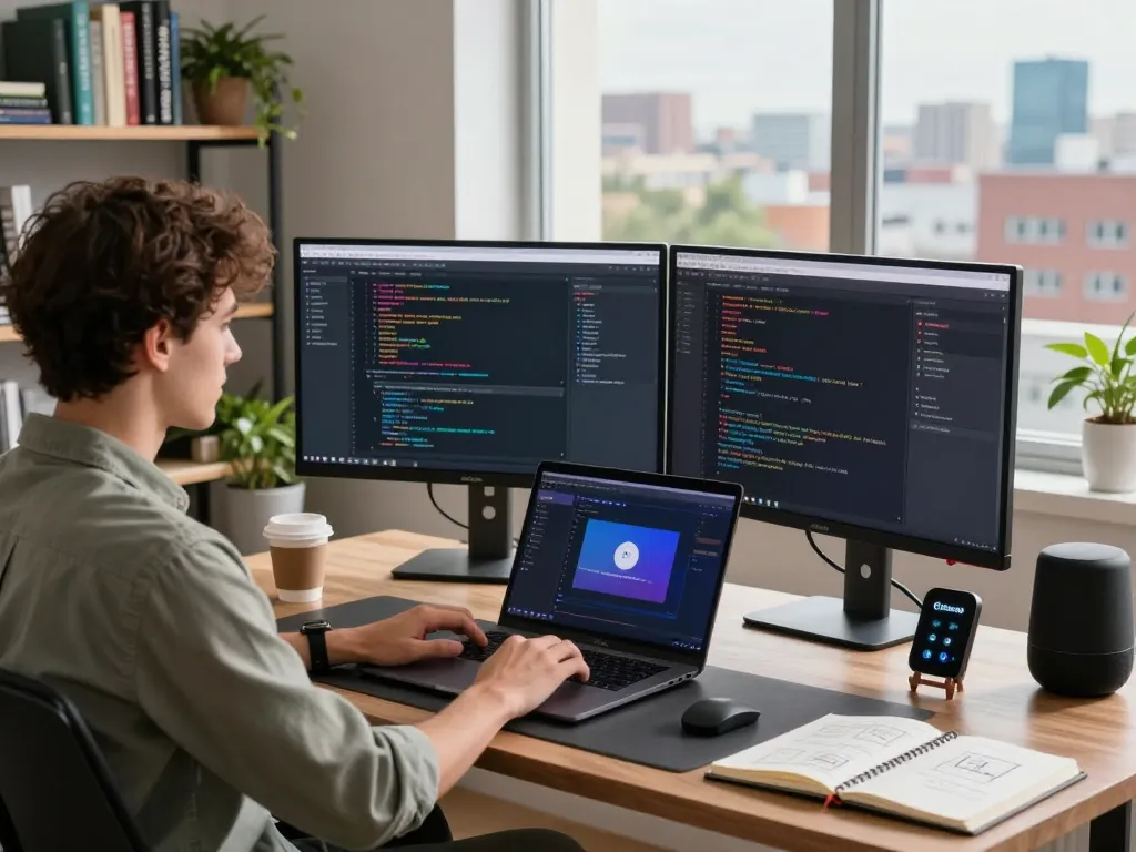 Developer using ClawdBot on MacBook Pro with dual monitors in a modern home office.
