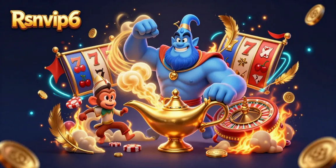 Rasakan keajaiban Rsnvip6 dengan pemandangan kasino dinamis yang dipenuhi dengan jin ajaib dan gulungan slot.