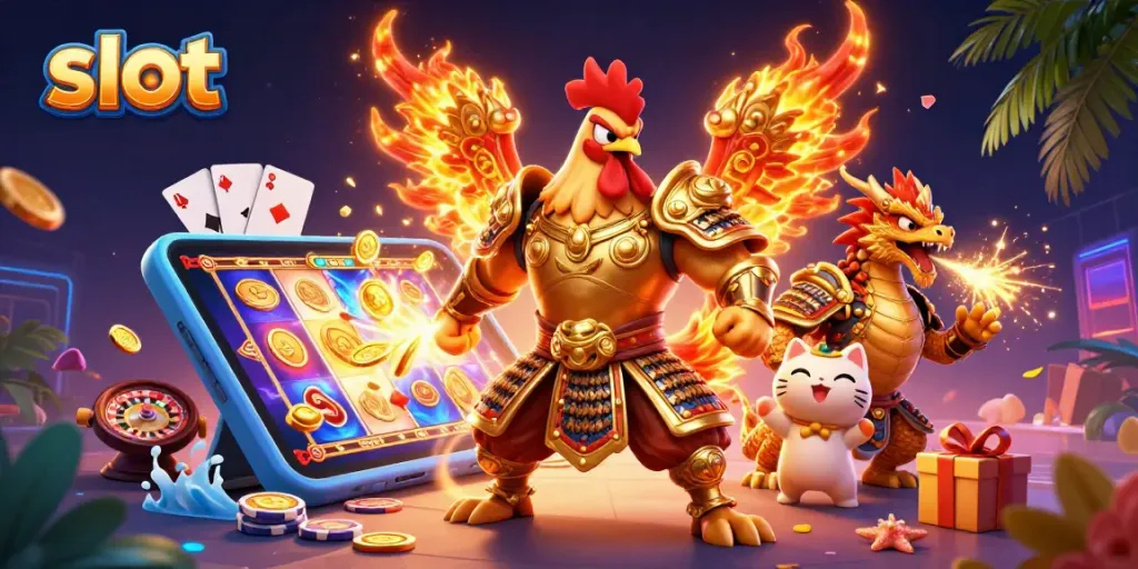 Putaran slot yang mendebarkan dengan karakter ayam jantan dan naga dalam aksi di kasino.
