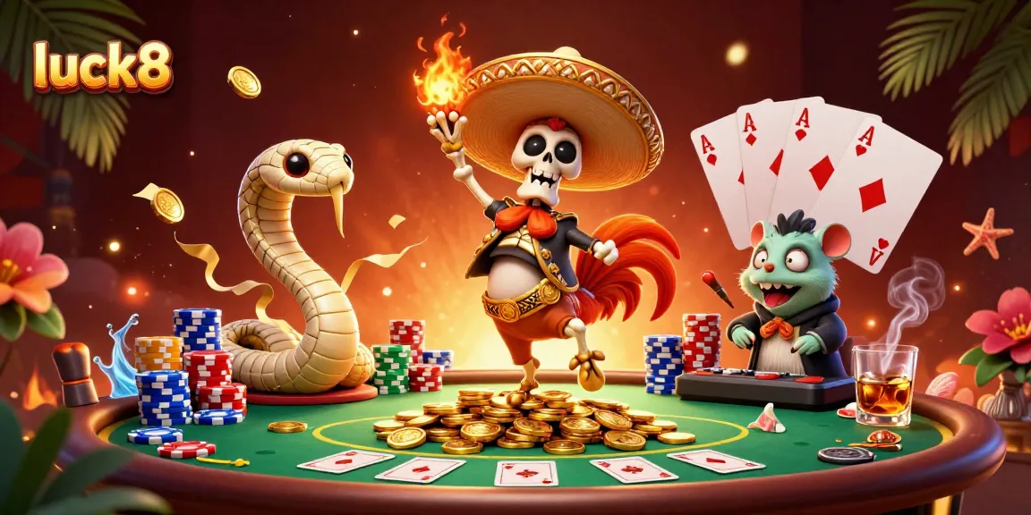 Engage with luck8 casino: a vibrant scene with unique characters celebrating wins on a gambling table.