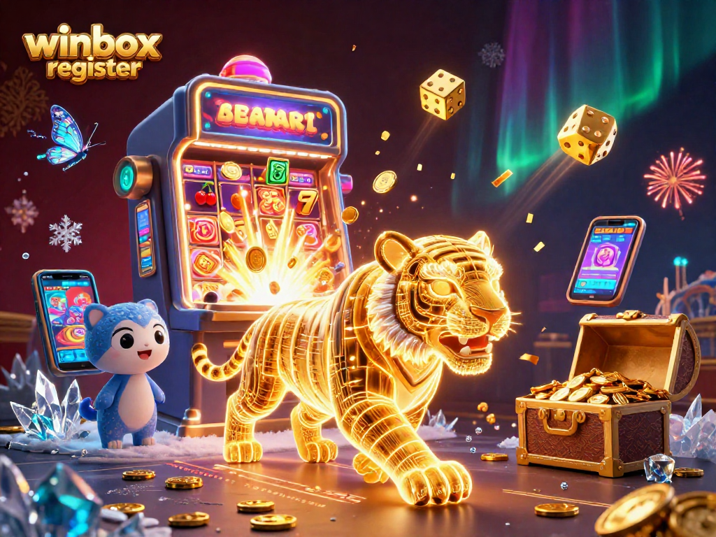 Winbox register a vibrant scene with a golden tiger and 3D slot machine celebrating casino wins.