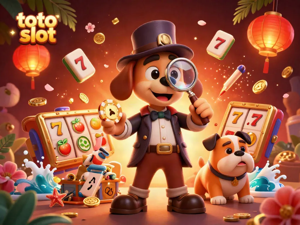 Menggali jackpot toto slot dengan detektif dan anjing dalam ilustrasi 3D yang berwarna-warni