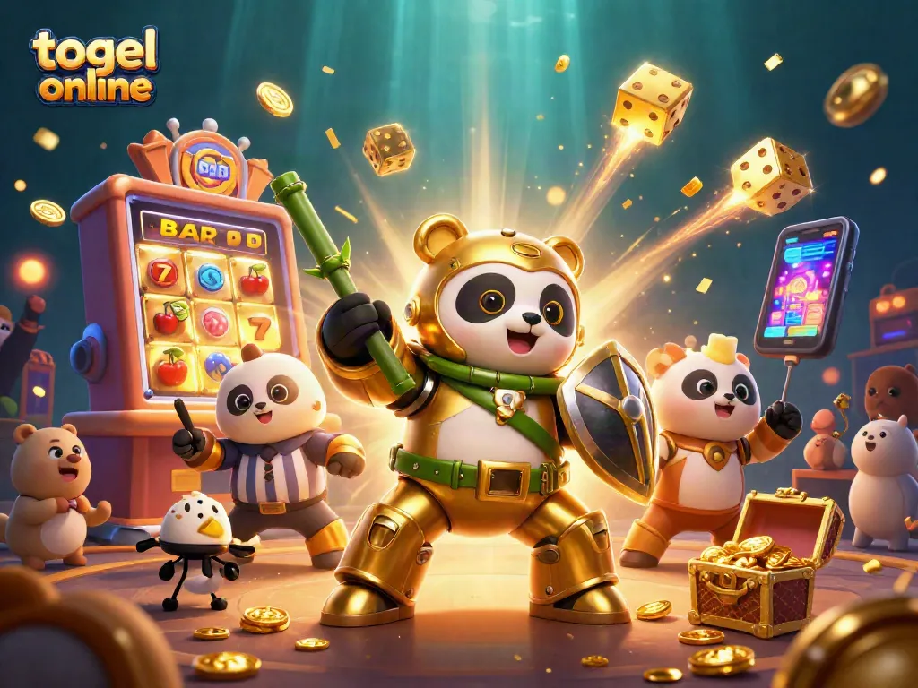 Mengunduh pengalaman bermain togel online dengan panda emas dan robot pertempuran, dikelilingi oleh simbol jackpot dan harta karun