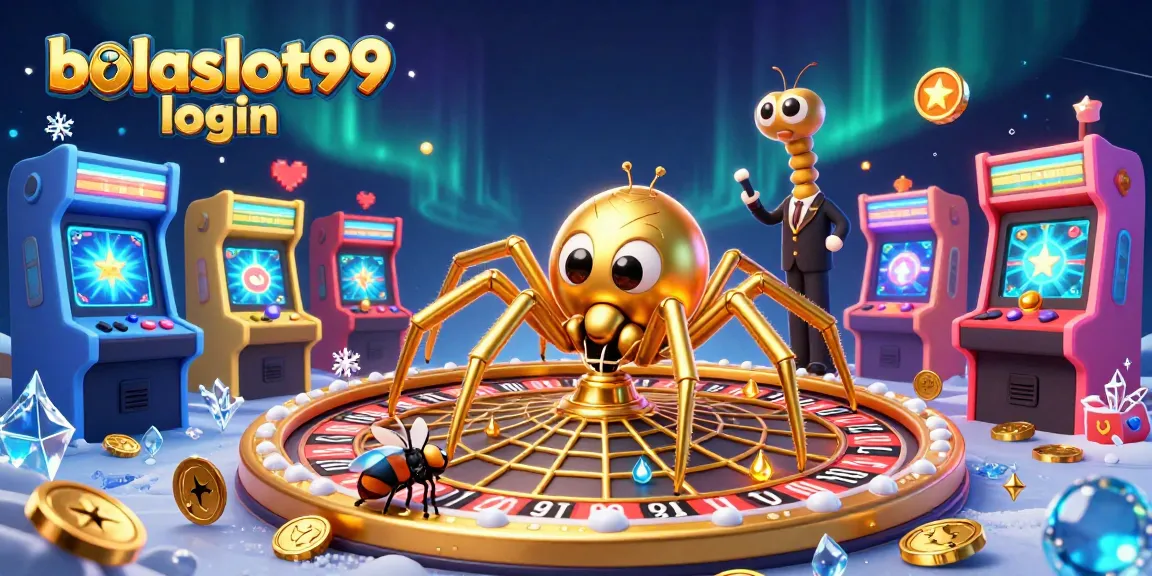 Engage with bolaslot99 login in a vibrant 3D casino scene featuring a golden roulette web and lively characters.