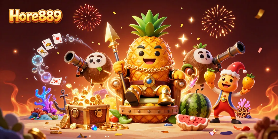 Engage with Hore889's exciting gaming scene featuring a vibrant casino illustration of a golden pineapple king.