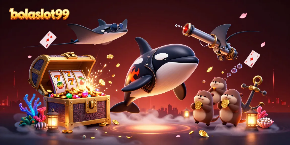 Bolaslot99 showcases vibrant 3D scene featuring an orca whale and otters celebrating casino slots.