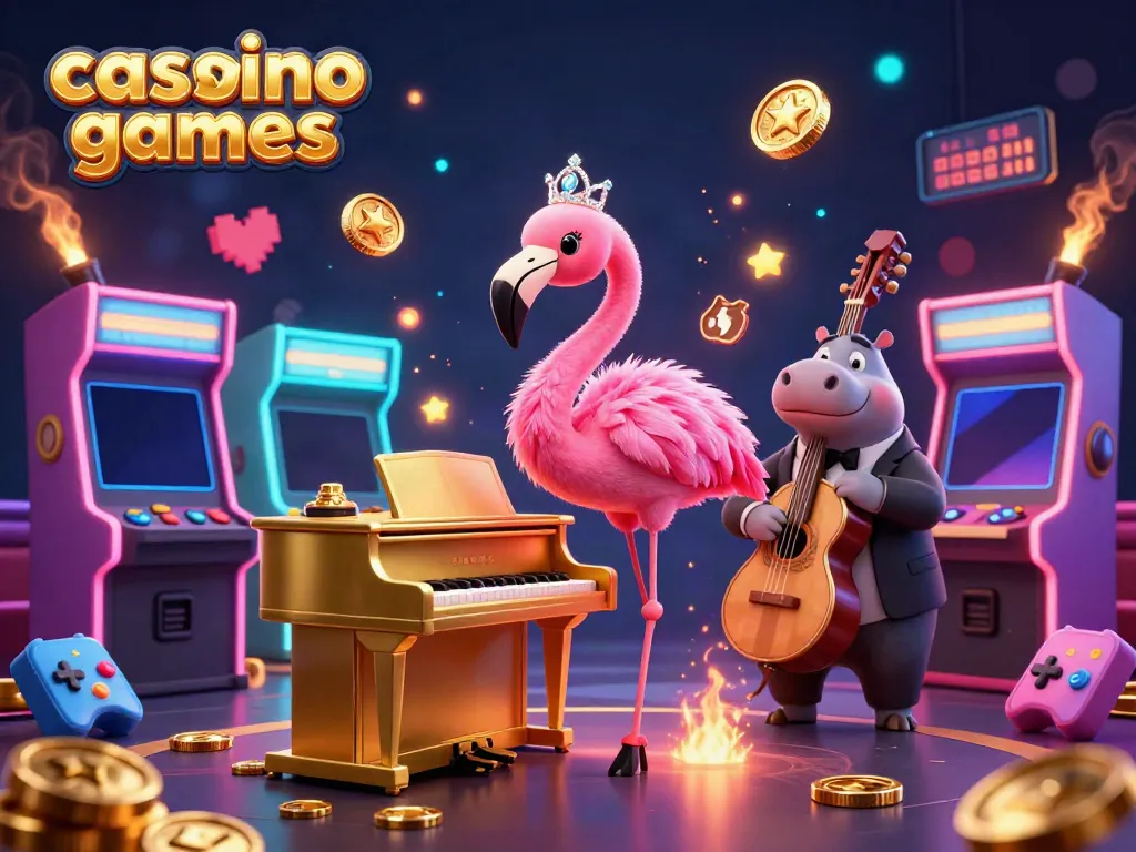 Engage in thrilling casino games while enjoying the vibrant 3D illustration of flamingo and hippo musicians.