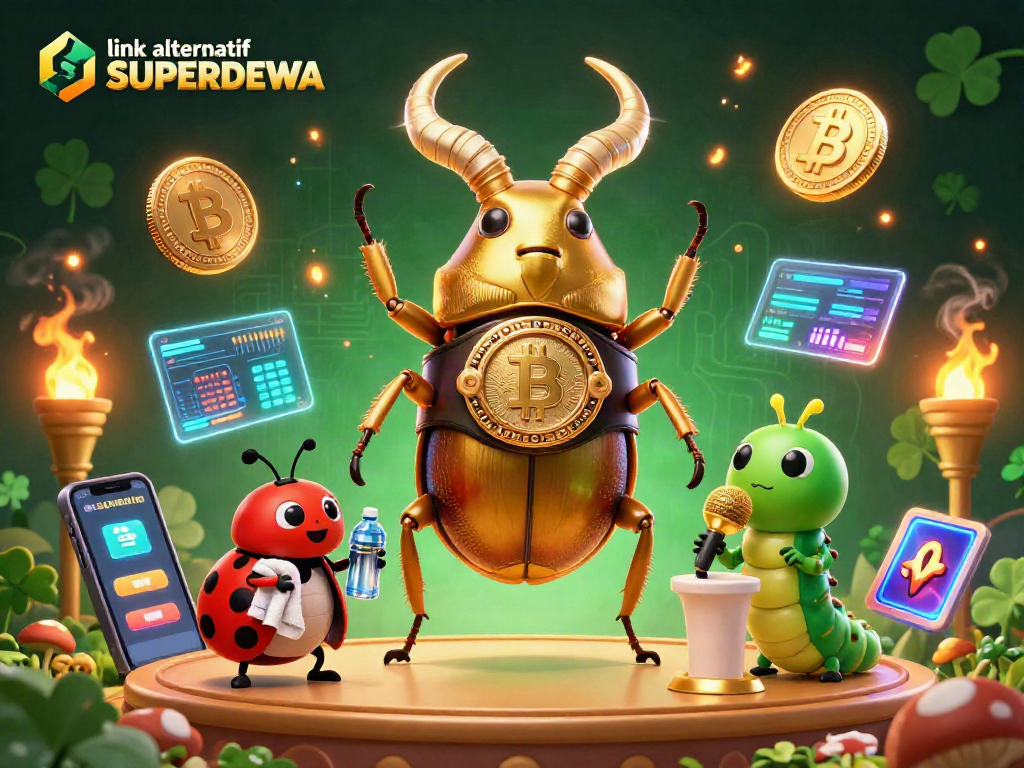 Showcase link alternatif SUPERDEWA with a giant golden stag beetle boxing amidst crypto coins and casino elements.
