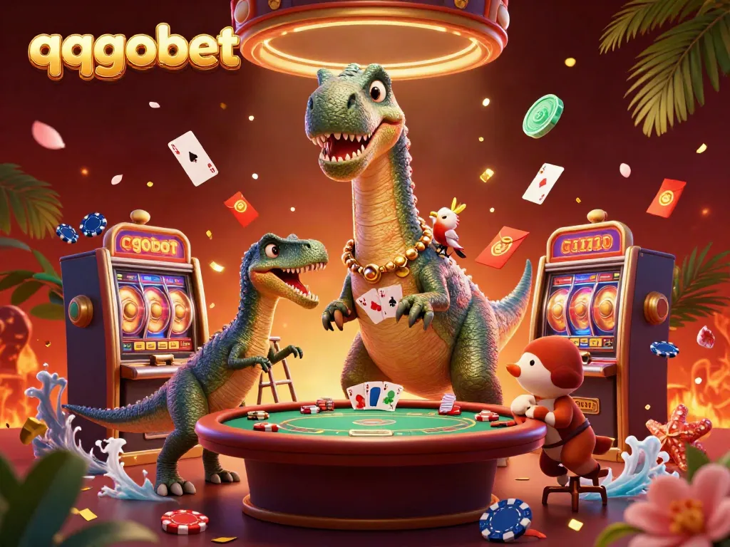 Engaging scene with qqgobet characters in a vibrant casino setting featuring a brontosaurus, raptor, and poker game elements.