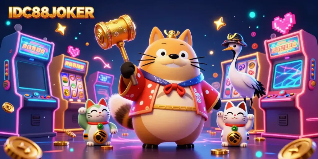 Experience the lively casino charm of IDC88JOKER with a cheerful tanuki and vibrant gaming elements.