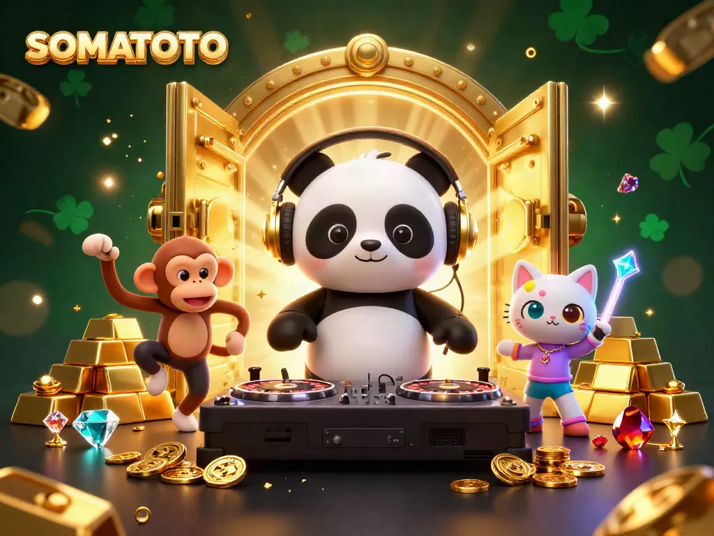 Experience the thrill of SOMATOTO with a vibrant 3D scene featuring a DJ panda, breakdancer monkey, and rave kitten.