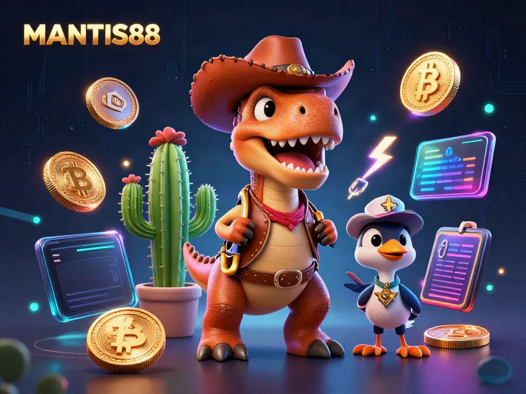 MANTIS88 showcases an engaging scene featuring dinosaur characters amidst a vibrant crypto backdrop, enhancing gambling excitement.