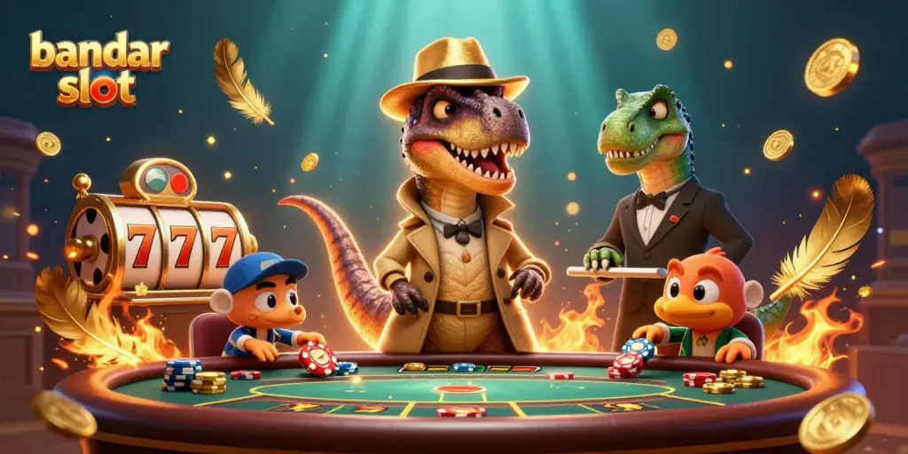 Menang di bandar slot dengan aksi lucu antara dinosaurus dan suasana kasino yang gemerlap.
