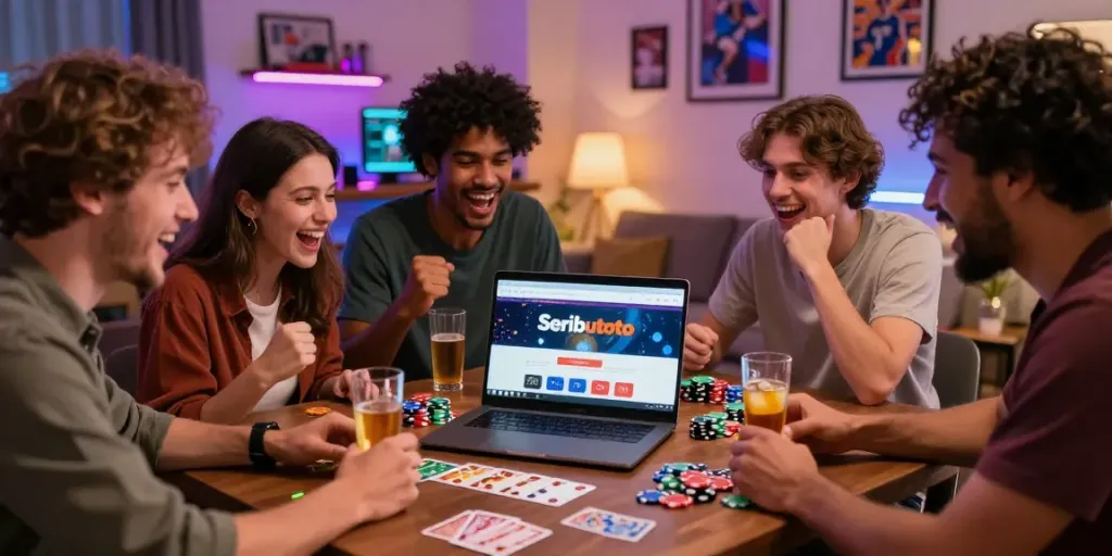 Friends enjoying online gaming with Seributoto at home, vibrant atmosphere.