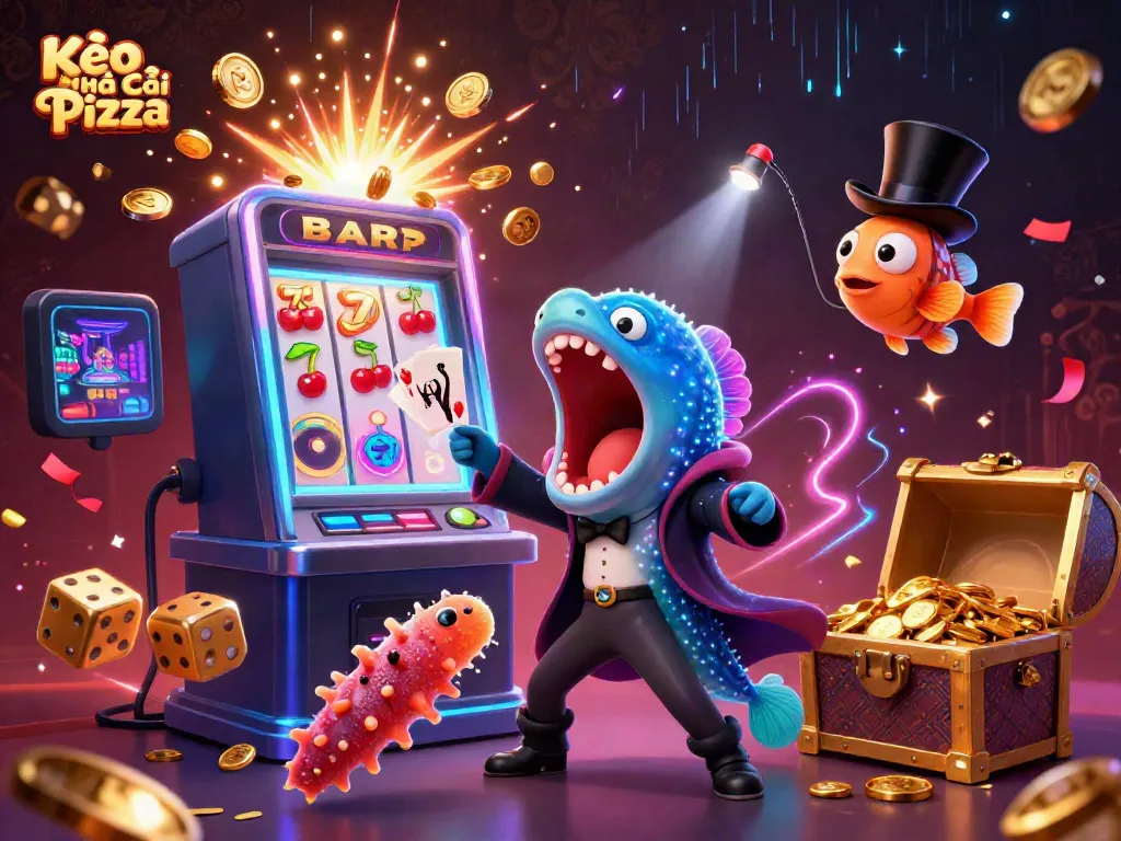 Experience Kèo Nhà Cái Pizza's vibrant casino scene with a total jackpot design, colorful characters, and engaging elements.