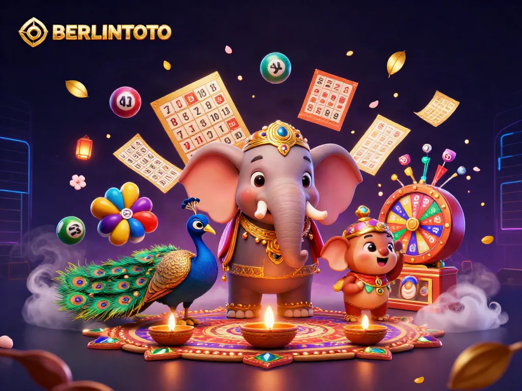 Experience the excitement of BERLINTOTO with vibrant casino elements and characters in joyous celebration.