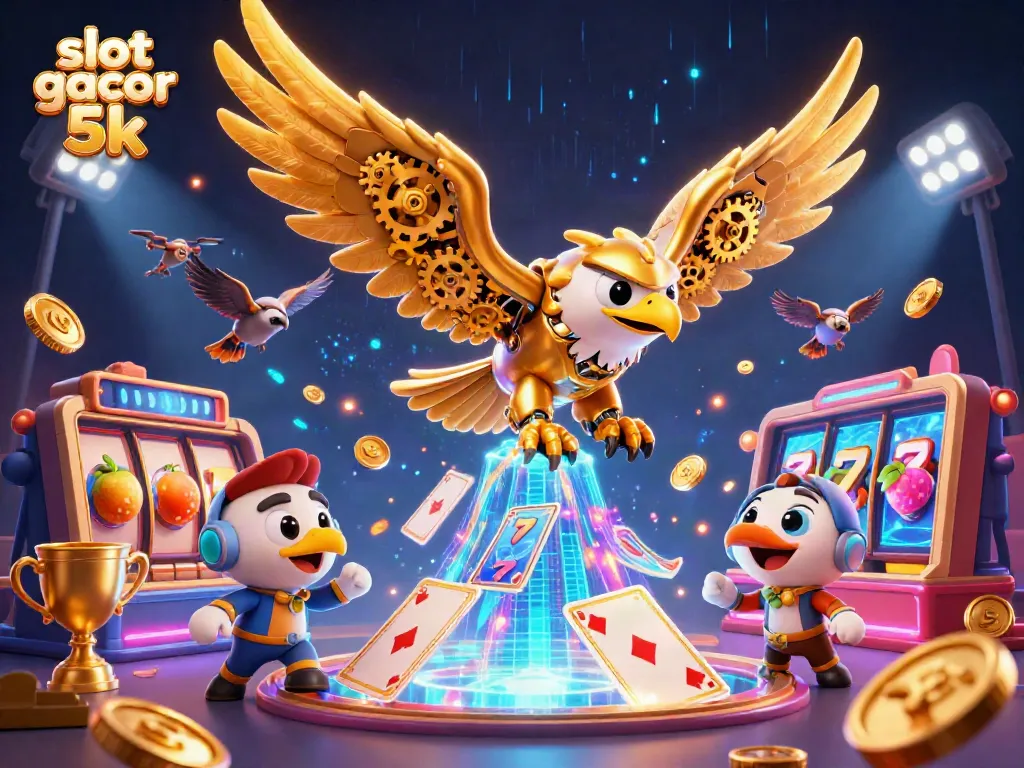 Permainan slot gacor 5k dengan elang cybernetic dan kartu holografik menarik perhatian dalam ilustrasi menakjubkan.