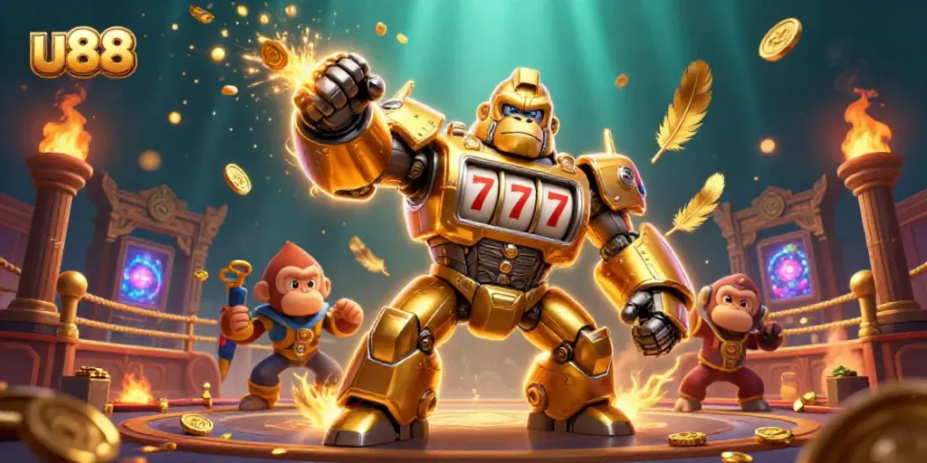 Engaging u88 online casino scene featuring a golden gorilla mech, slot machines, and dynamic tokens